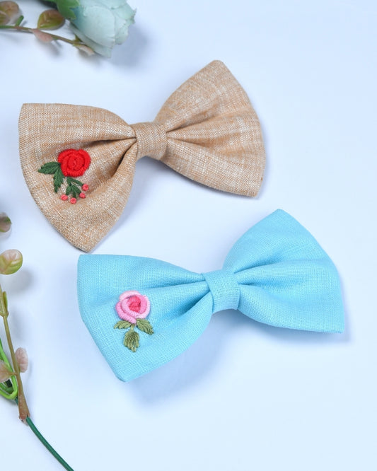 Pack Of 2 Linen Embroided Bow Hairclips - Multicolor