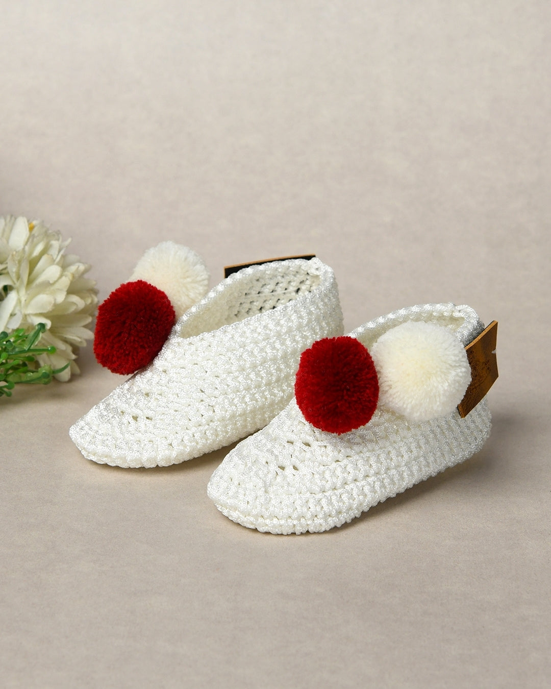 White & Red Handmade Pom Pom Crochet Booties for Girls