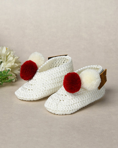 White & Red Handmade Pom Pom Crochet Booties for Girls
