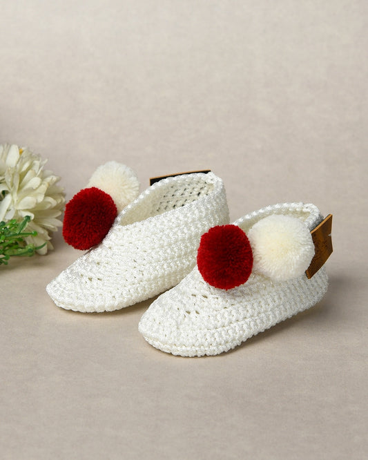 White & Red Handmade Pom Pom Crochet Booties for Girls