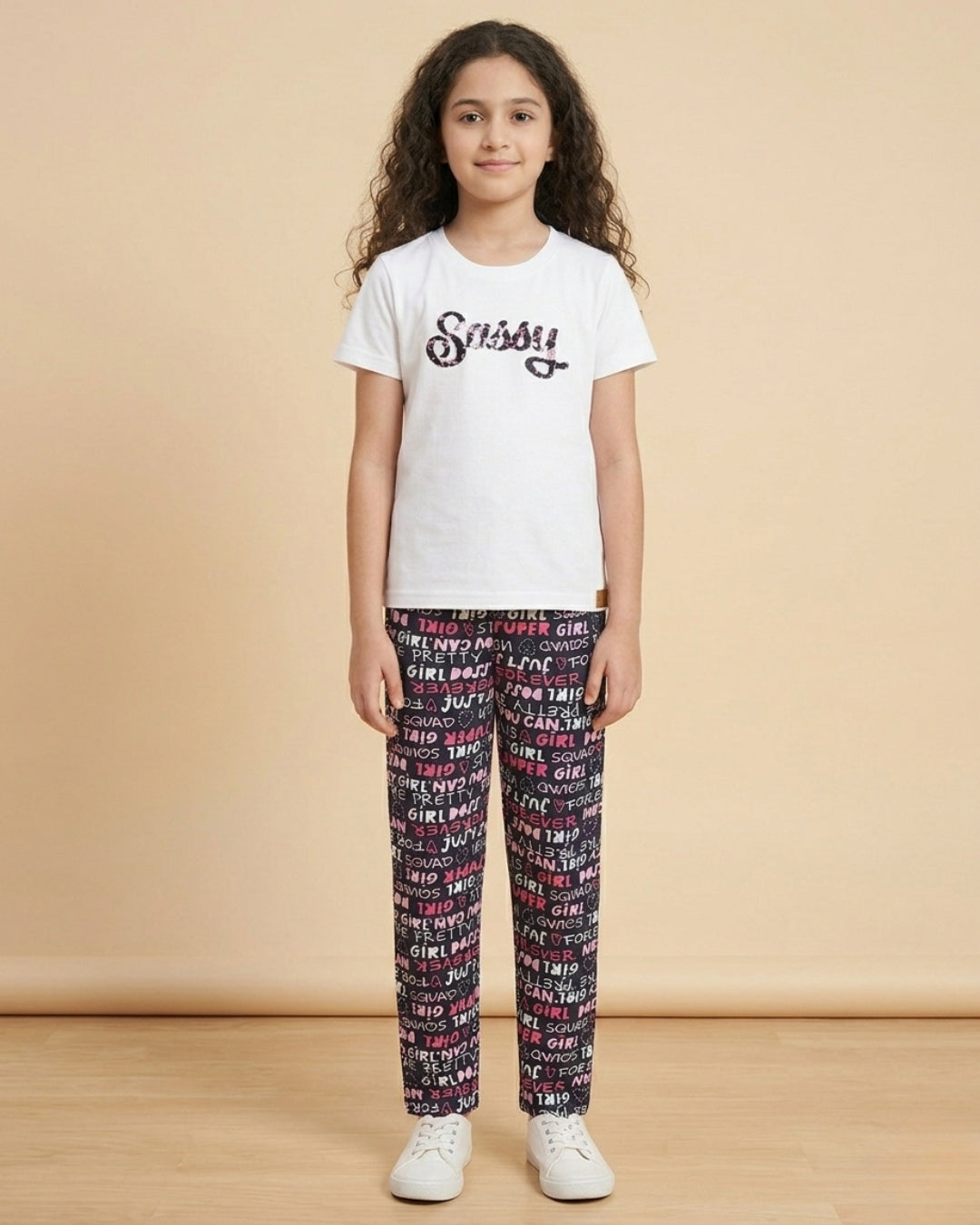 Typographic Printed Premium Cotton Half Sleeves White T-Shirt with Black Pyjama for Girls