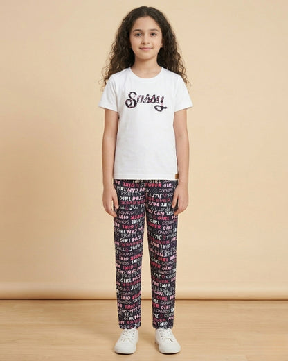 Typographic Printed Premium Cotton Half Sleeves White T-Shirt with Black Pyjama for Girls