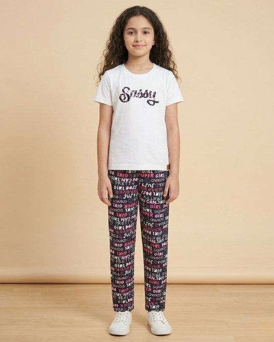 Typographic Printed Premium Cotton Half Sleeves White T-Shirt with Black Pyjama for Girls