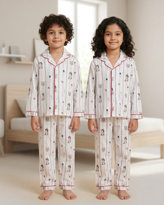 White Puppy Printed Pure Cotton Night Suit for Kids