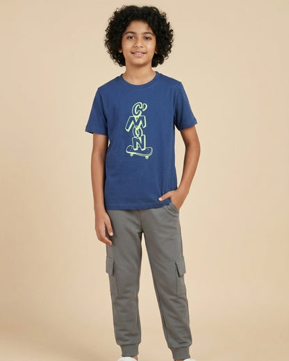 Graphic Printed Premium Cotton Half Sleeves Blue T-Shirt with Grey Jogger for Boys