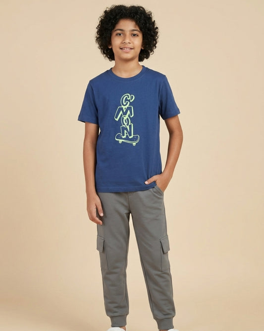 Graphic Printed Premium Cotton Half Sleeves Blue T-Shirt with Grey Jogger for Boys