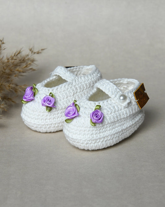 White Handmade Organic Thread Crochet Booties with Purple Floral Embellishment for Girls
