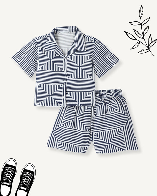 Navy Blue Premium Cotton Bio Finish Half Sleeves Printed Collar Style T-Shirt & Shorts Co-ord Set for Girls