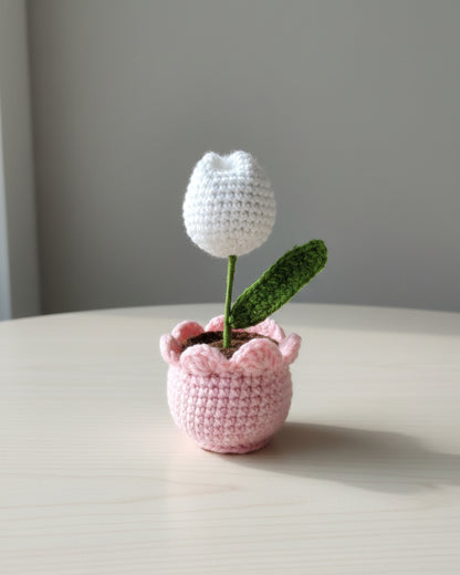 Handmade Crochet White Tulip Flower with Pot