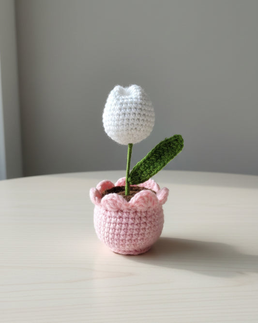 Handmade Crochet White Tulip Flower with Pot