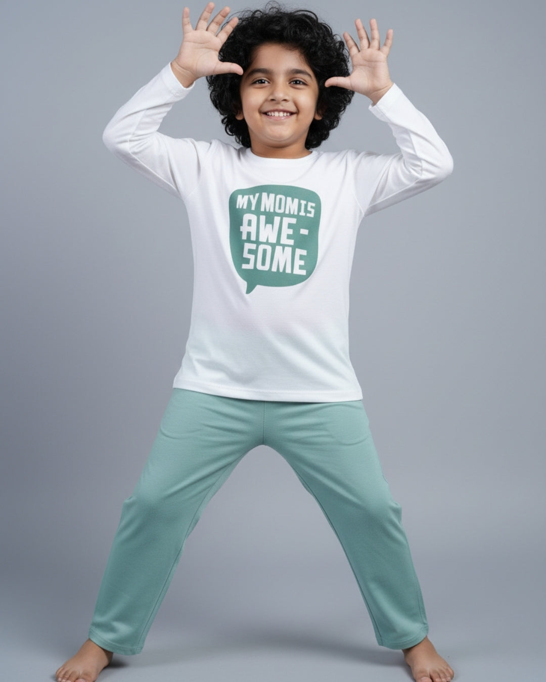 Typographic Printed Premium Cotton Full Sleeves White T-Shirt with Green Pyjama for Boys & Girls