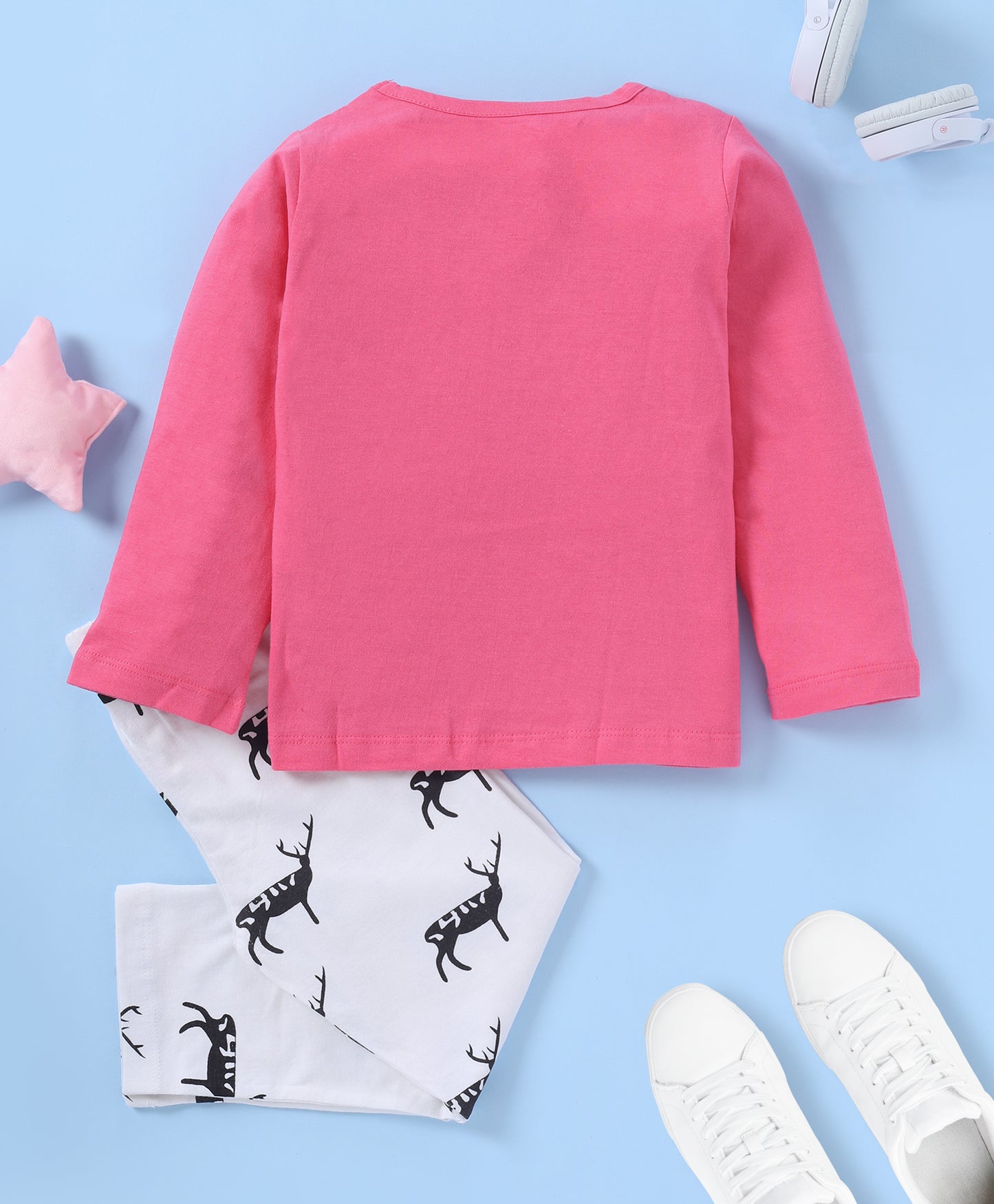 Pink & White Reindeer Printed Loungewear for Girls