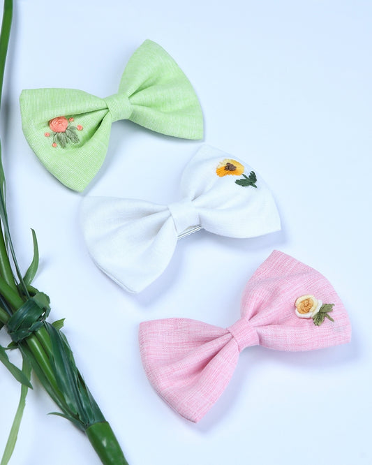Pack Of 3 Linen Embroided Bow Hairclips - Multicolor