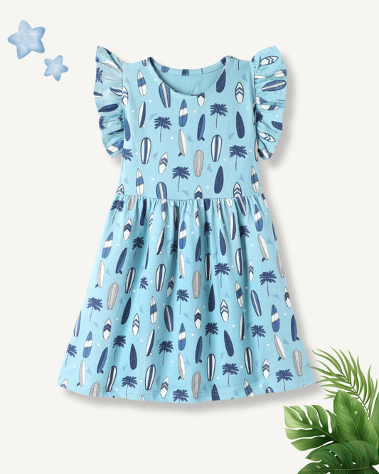Blue Premium Cotton Single Jersey With Bio Finish Half Flutter Sleeves Beach Printed Frock for Girls