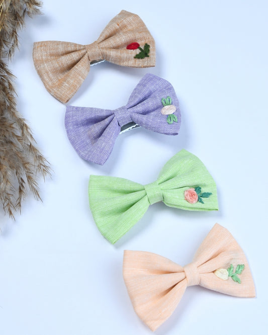 Pack Of 4 Linen Embroided Bow Hairclips - Multicolor