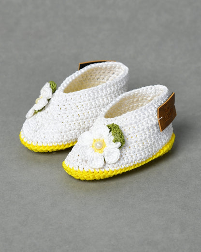 White & Yellow Handmade Floral Infant Crochet Baby Booties for Girls