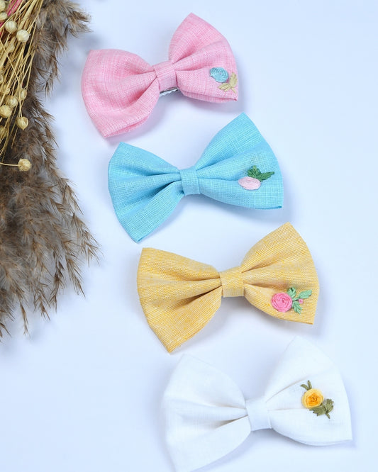 Pack Of 4 Linen Embroided Bow Hairclips - Multicolor