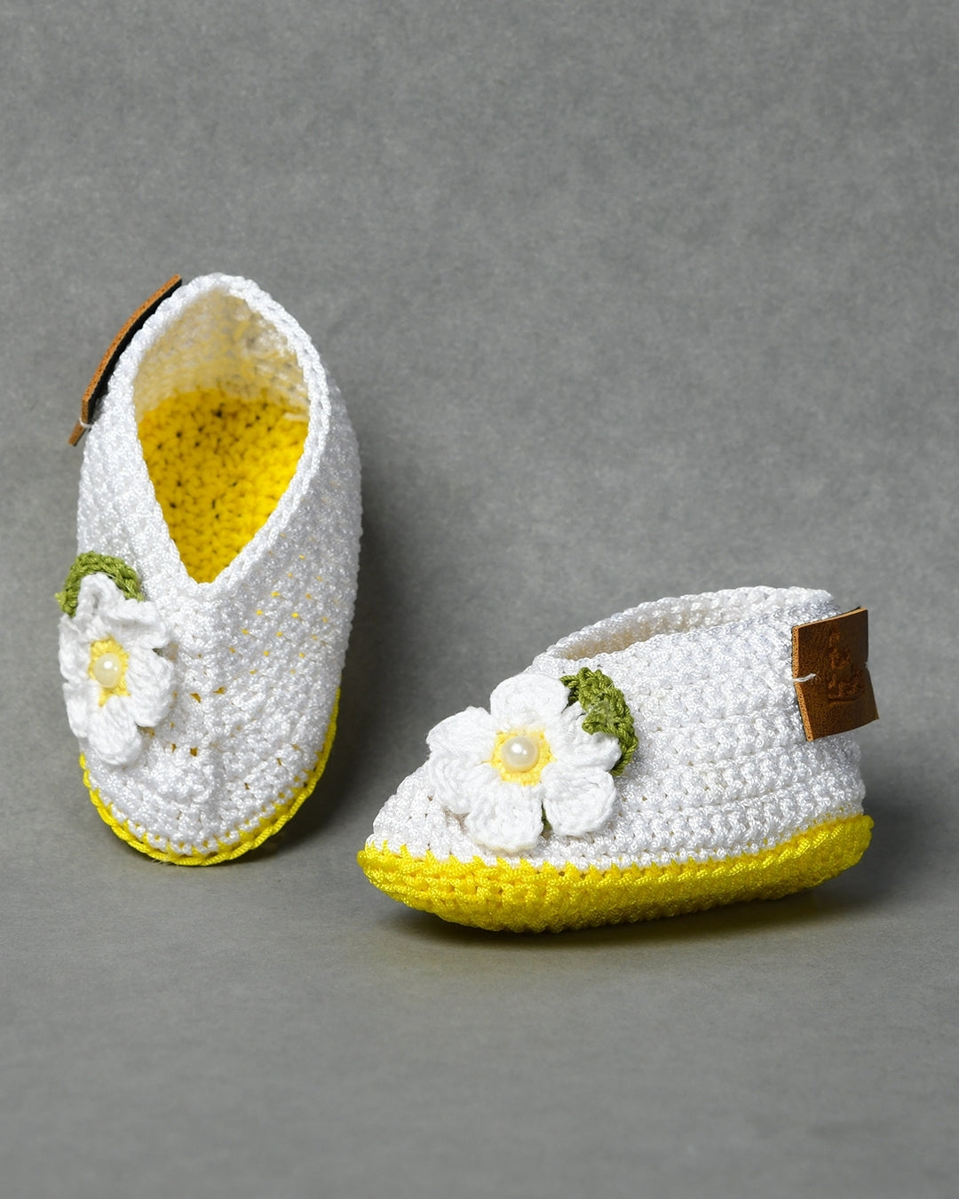 White & Yellow Handmade Floral Infant Crochet Baby Booties for Girls