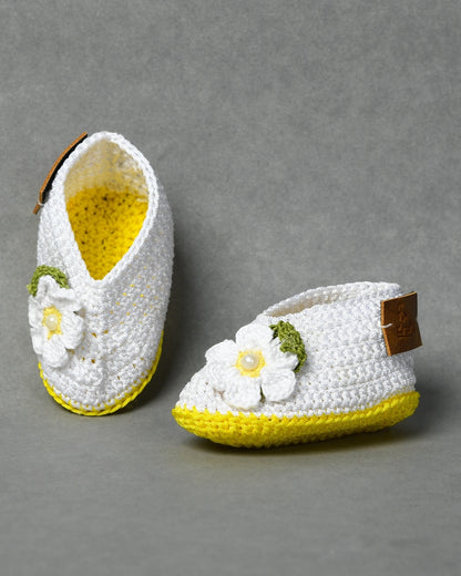 White & Yellow Handmade Floral Infant Crochet Baby Booties for Girls