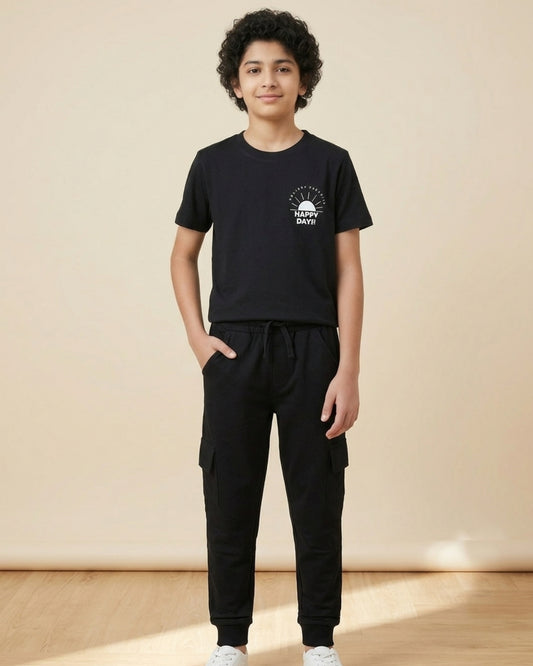 Typographic Printed Premium Cotton Half Sleeves Black T-Shirt with Navy Blue Jogger for Boys