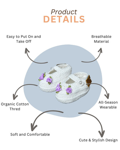 White Handmade Organic Thread Crochet Booties with Purple Floral Embellishment for Girls