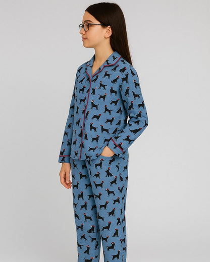 Blue Premium Cotton Puppy Printed Nightsuit for Girls