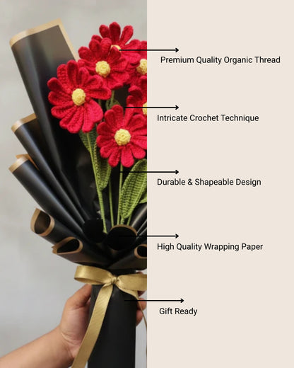 Handmade Crochet Red Daisy Flower Bouquet