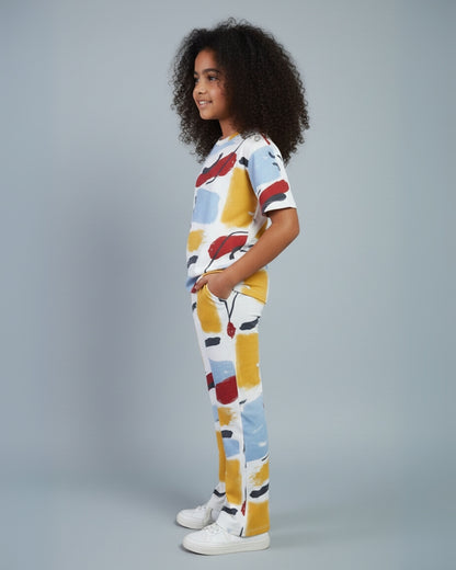 Multicolor Premium Cotton Overall Printed T-Shirt & Pyjama Set for Girls