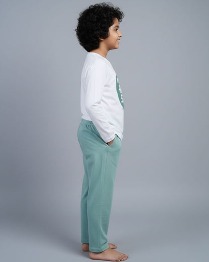 Typographic Printed Premium Cotton Full Sleeves White T-Shirt with Green Pyjama for Boys & Girls