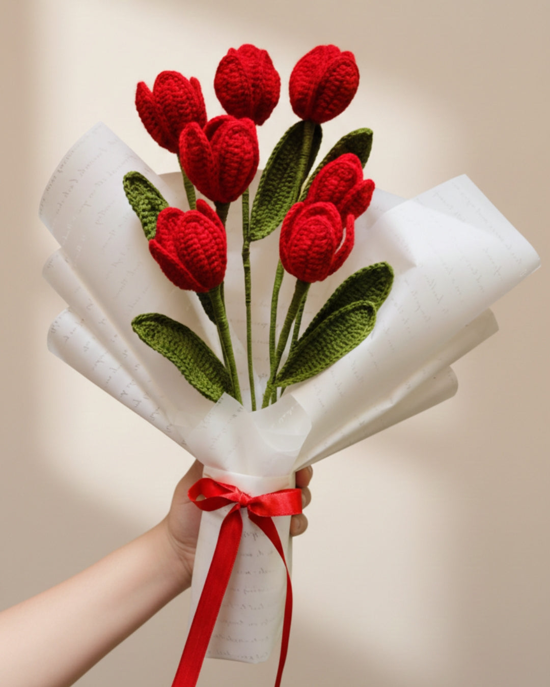 Handmade Crochet Premium Organic Thread Red Tulip Bouquet