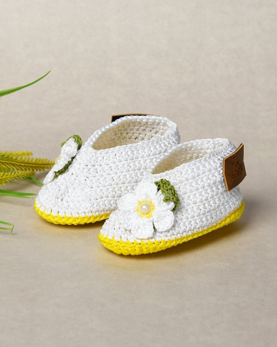 White & Yellow Handmade Floral Infant Crochet Baby Booties for Girls