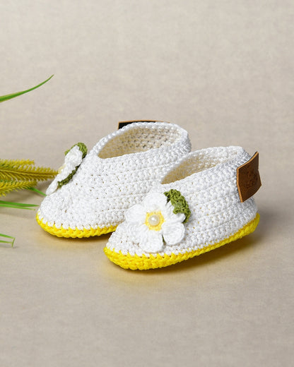 White & Yellow Handmade Floral Infant Crochet Baby Booties for Girls