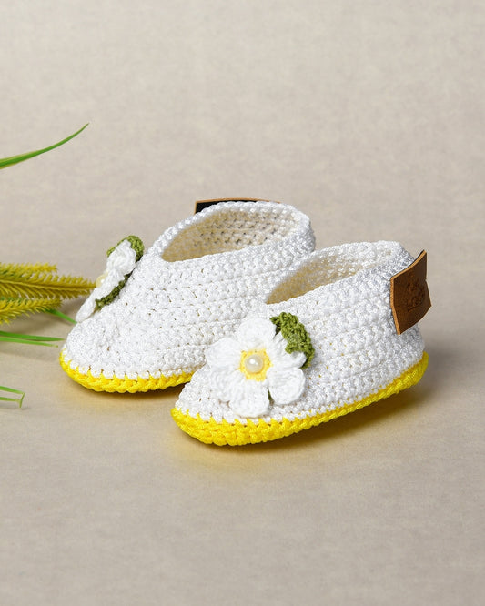 White & Yellow Handmade Floral Infant Crochet Baby Booties for Girls