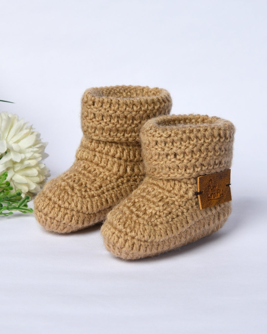 Beige Handmade Woollen Booties for Kids
