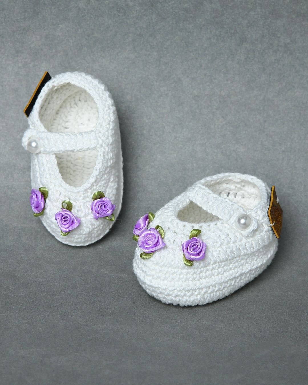 White Handmade Organic Thread Crochet Booties with Purple Floral Embellishment for Girls
