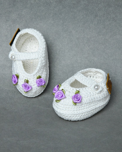 White Handmade Organic Thread Crochet Booties with Purple Floral Embellishment for Girls