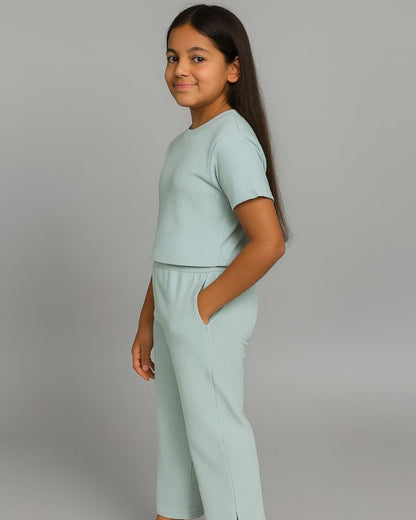 Green Premium Cotton Half Sleeves Solid Co-ord Set for Girls