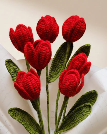Handmade Crochet Premium Organic Thread Red Tulip Bouquet
