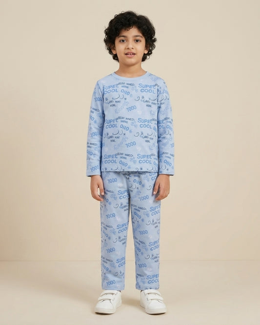 Blue Pure Cotton Cool Typographic Printed Full Sleeves T-Shirt & Pyjama Set for Boys