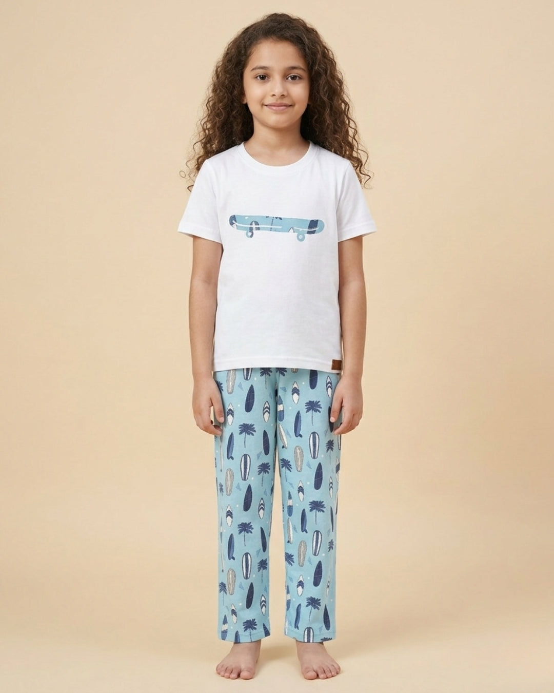 Beach Printed Premium Cotton Half Sleeves White T-Shirt with Blue Pyjama for Girls