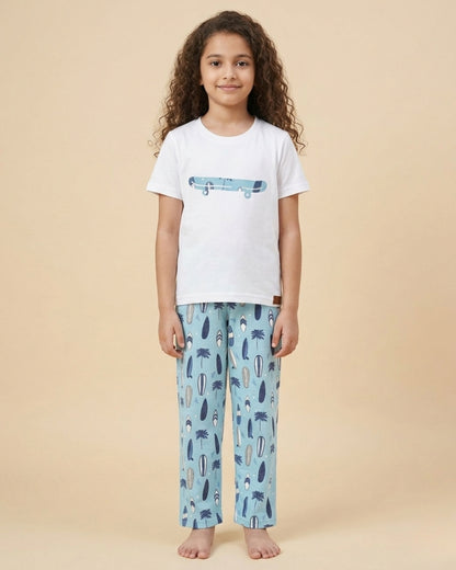 Beach Printed Premium Cotton Half Sleeves White T-Shirt with Blue Pyjama for Girls