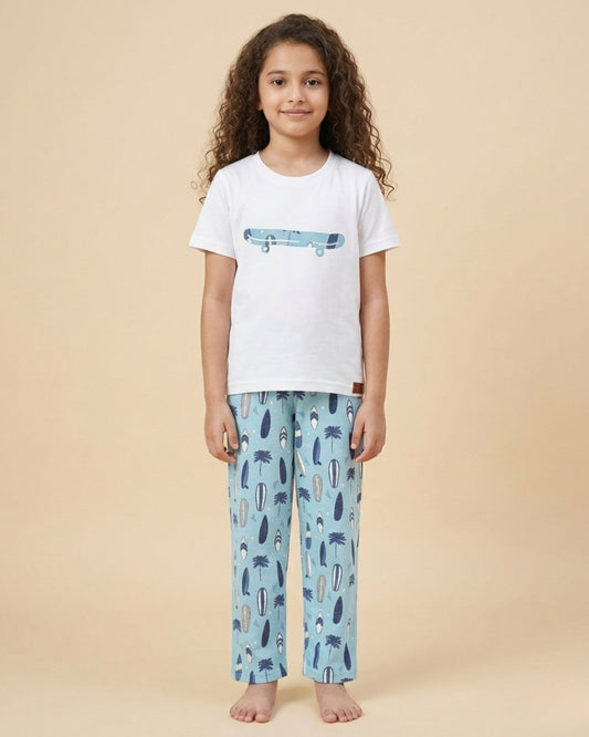 Beach Printed Premium Cotton Half Sleeves White T-Shirt with Blue Pyjama for Girls