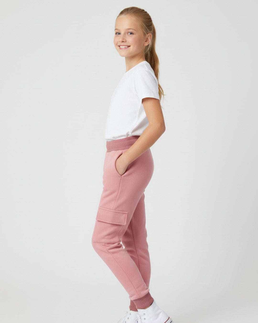 Pink Loop Knit Cotton Cargo Jogger with Pockets for Girls