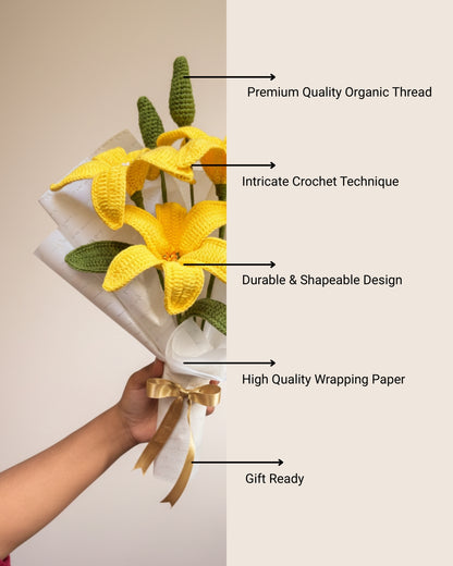 Handmade Crochet Premium Organic Thread Yellow Lily Bouquet