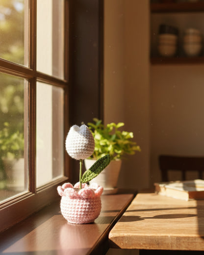 Handmade Crochet White Tulip Flower with Pot