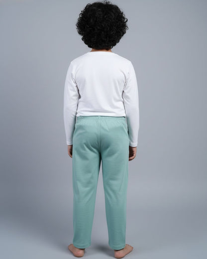 Typographic Printed Premium Cotton Full Sleeves White T-Shirt with Green Pyjama for Boys & Girls