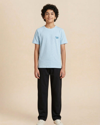 Sky Blue Premium Cotton Typographic Printed T-Shirt with Black Pyjama for Boys