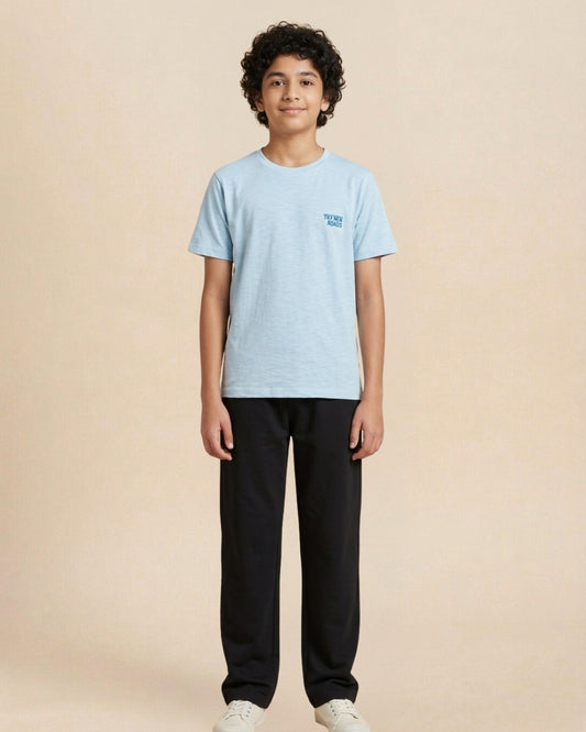 Sky Blue Premium Cotton Typographic Printed T-Shirt with Black Pyjama for Boys