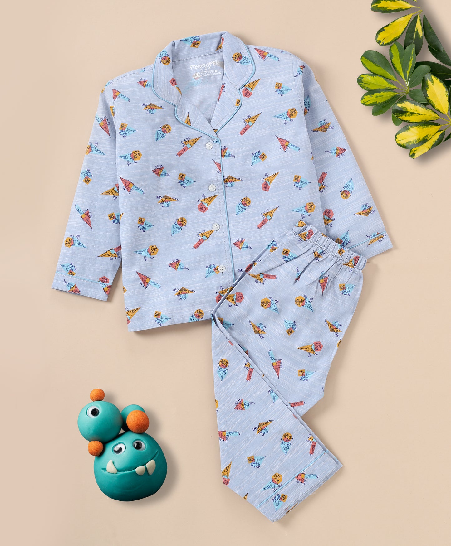 Blue Dinosaur Printed Cotton Night Suit for Boys