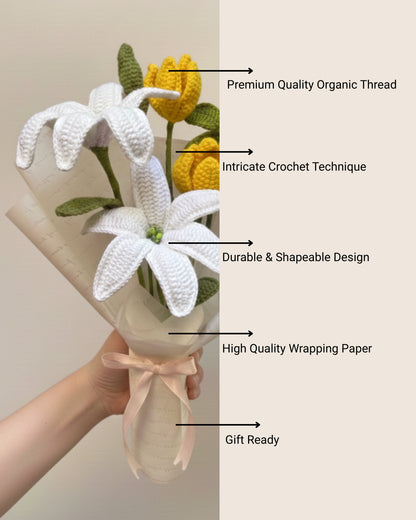 Handmade Crochet Premium Organic Thread White Lily & Yellow Tulip Bouquet